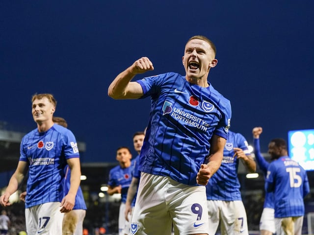 Colby Bishop celebrates scoring in front of the Fratton End as he made his first appearance of the season following heart surgery.