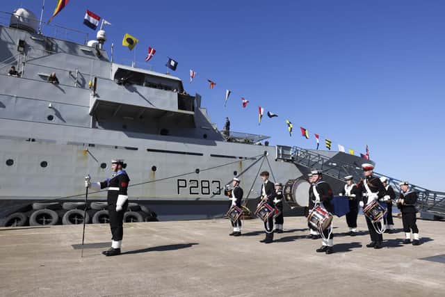 Cadets perform on the jetty for HMS Mersey during last months visit to Liverpool. Picture: Royal Navy