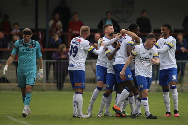 Manny Adebowale has just put Hawks ahead at Hampton & Richmond. Picture: Kieron Louloudis.