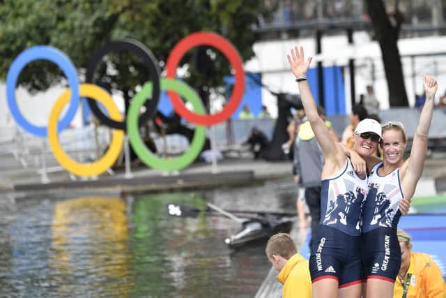 Britain's Helen Glover, right, pictured with Heather Stanning, is aiming for a third Olympic rowing gold in Tokyo. Picture: JEFF PACHOUD/AFP via Getty Images.