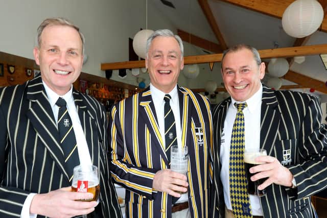 Former Hampshire player Steve Cameron, centre, Colin Richardson, left, and Chalky White, right, donned their Portsmouth RFC blazers for the Peter Golding celebratory lunch event Picture: Chris Moorhouse (jpns 020422-30)