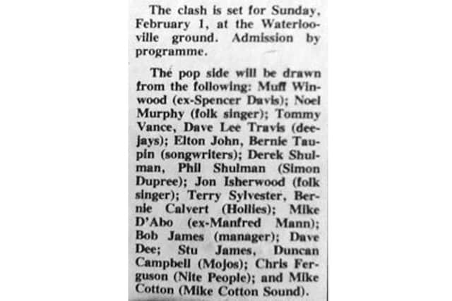 On February 1, 1970, journalists from The News played in a charity match against a Pop Stars XI containing one or two interesting names....