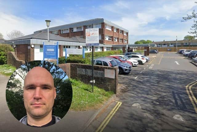 Havant Health Centre and inset, Joseph Etele who is refusing to pay a penalty fine from Smart Parking