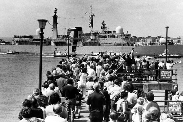 HMS Exeter returning to Portsmouth in July 1982. The News PP310
