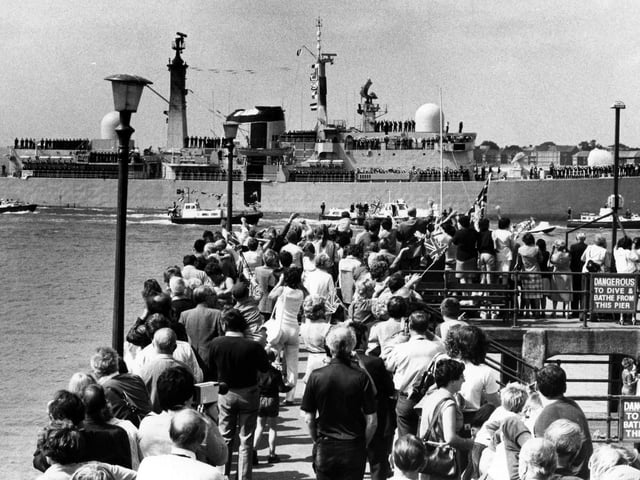 HMS Exeter returning to Portsmouth in July 1982. The News PP310