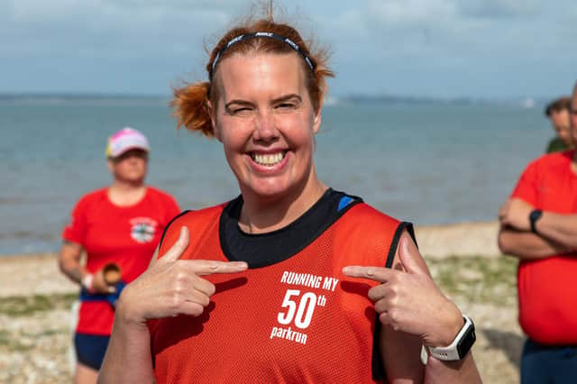 Maree O'Rourke reached 50 parkruns completed after making her way around the latest Lee-on-the-Solent parkrun event Picture: Mike Cooter (210522)