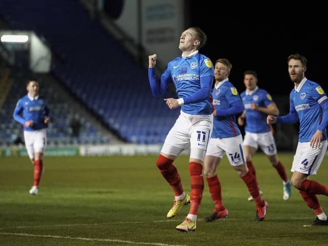Ronan Curtis celebrates after opening the scoring against Swindon. Picture: Jason Brown/ProSportsImages