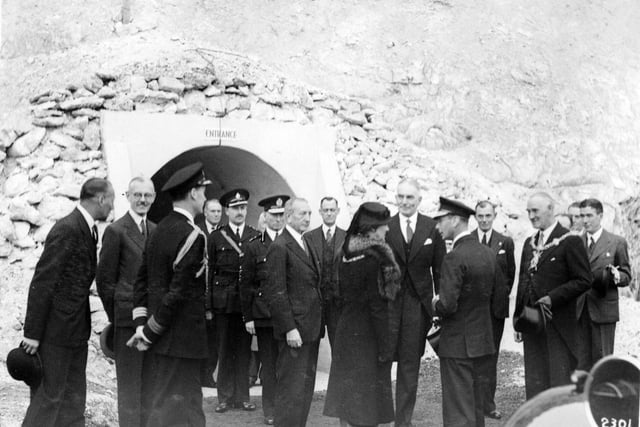 The King inspects tunnel in the chalk pit in 1942.King George VI leaving one of the tunnels under Portsdown Hill after inspection.