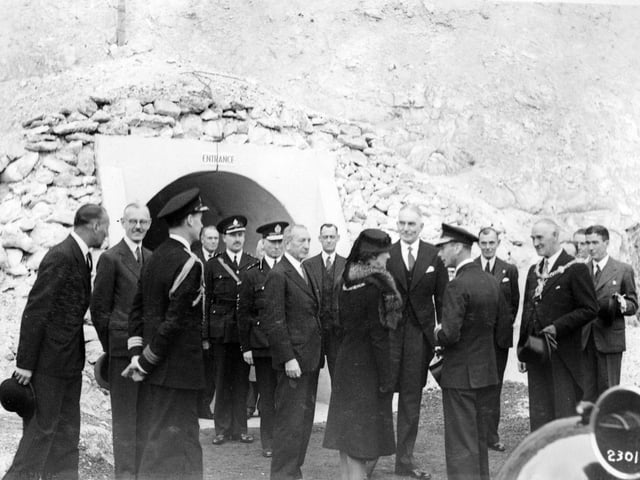 The King inspects tunnel in the chalk pit in 1942.King George VI leaving one of the tunnels under Portsdown Hill after inspection.