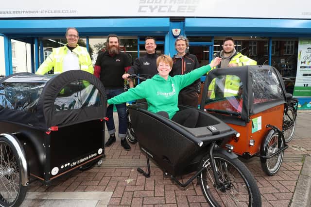The Climate Action Board, Sustrans and Southsea Cycles have teamed up and are looking to offer a cargo bike for people to rent for £1 an hour. From left, Adrian Saunders, Chandler Brujo, Kevin Watkin, Jenni Jones, Nicholas Sebley and Chi Sharpe.
Picture: Stuart Martin (220421-7042)