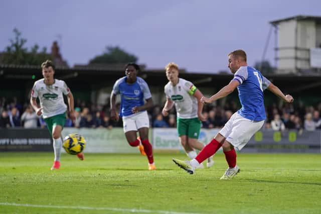 Joe Morrell gave Pompey the lead from the penalty spot, but Bognor levelled in the 87th minute as the match finished 1-1. Picture: Jason Brown/ProSportsImages