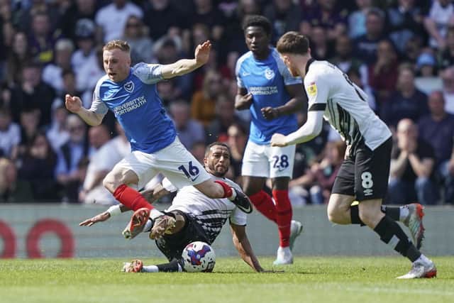 Joe Morrell returned to Pompey's side at Derby following a four-match ban - and produced an assist and man-of-the-match display. Picture: Jason Brown/ProSportsImages