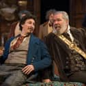 Tom Rosenthal (Khlestakov) with Lloyd-Hutchinson (The-Mayor) in The Government Inspector at Chichester Festival Theatre. Photo by Ellie Kurttz
