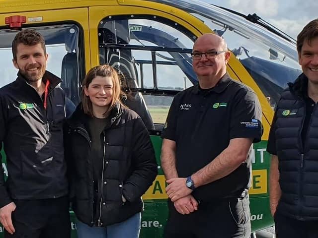 Steph Blake meeting some of the crew who helped save her life.