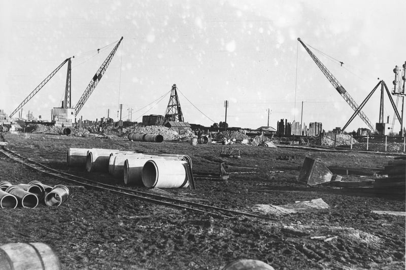 Construction cranes on the site on Eastern Road, Portsmouth 1938. The News PP4226