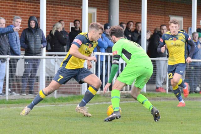 Joe Briggs in action for Moneyfields during their dramatic FA Trophy win against Kidlington. Picture: Martyn White.