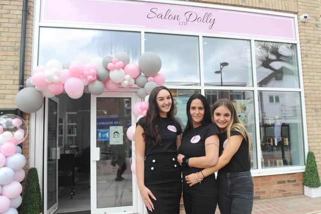 New business Salon Dolly opened on Monday, April 12 in West Street, Havant (l-r) Laci Anderson (18, salon manager, Mollie Warton (42), director and owner with sister and daughter Lois Anderson (12). Picture: Sarah Standing
