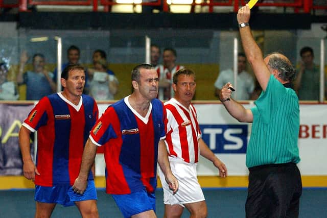 Gavin Maguire is booked during a match against Southampton in The Masters 5-a-side in Milton Keynes. Picture: Mick Young