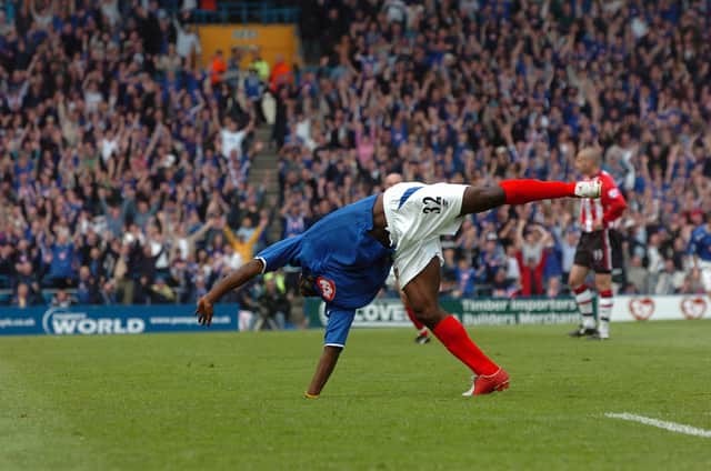 In customary fashion, Lomana Lualua celebrates the first of first two goals against Southampton in April 2005. Picture: Jonathan Brady