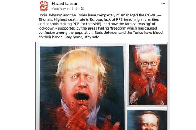 Screenshot shows a post by Havant Labour showing Conservative politicians including prime minister Boris Johnson with blood on his hands