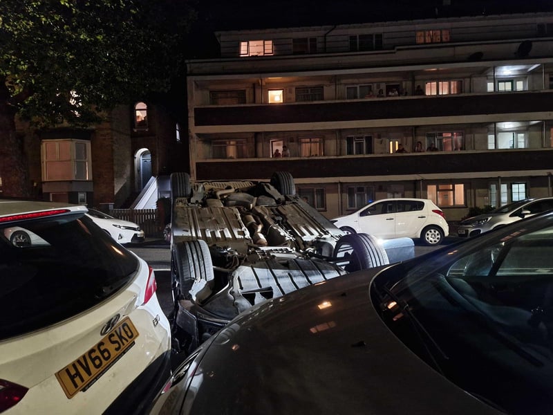The overturned car was the only vehicle involved in the collision. Picture: Habibur Rahman.