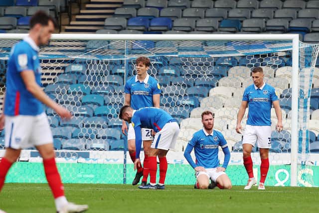 Pompey dejected after conceding against Doncaster. Picture: Joe Pepler