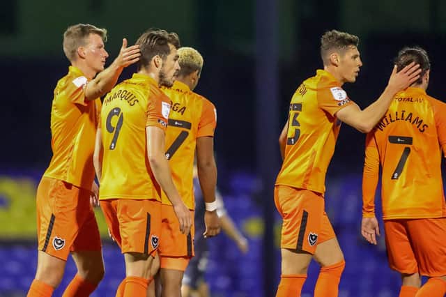 Pompey's players celebrate John Marquis' opener from the penalty spot in their EFL Trophy victory over Southend. Picture: Nigel Keene/ProSportsImages