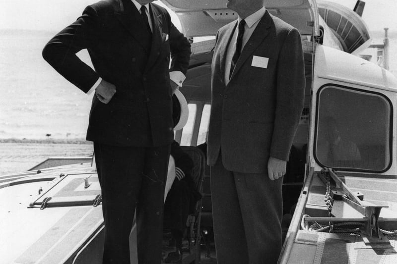 5th August 1965:  Lord Mountbatten, Earl of Burma, at the opening of a new hovercraft service across the Solent, at Gosport. The designer of the hovercraft service, Christopher Cockerell, stands beside him.  (Photo by Central Press/Getty Images)