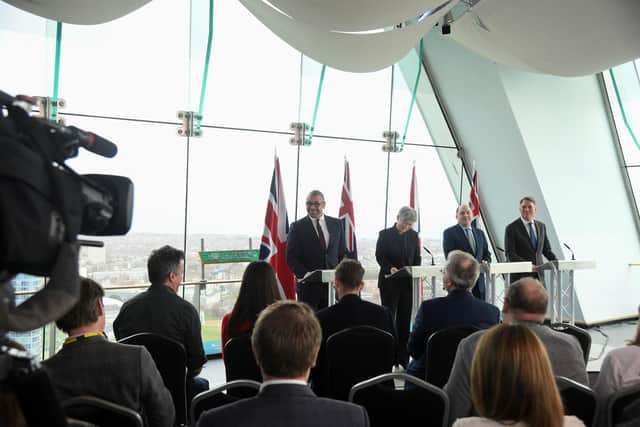 (left to right) Foreign Secretary James Cleverly, Australian Minister for Foreign Affairs Senator Penny Wong, Defence Secretary Ben Wallace and Australian Deputy Prime Minister Richard Marles during a press conference at the Spinnaker Tower. Picture: Toby Melville/PA