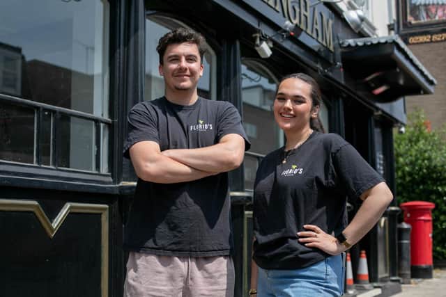 Siblings and co-directors Max and Izzy Florio outside the former Duke of Buckingham, Old Portsmouth.