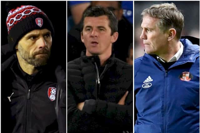 From left: Rotherham boss Paul Warne, Fleetwood manager Joey Barton and Sunderland's Phil Parkinson.