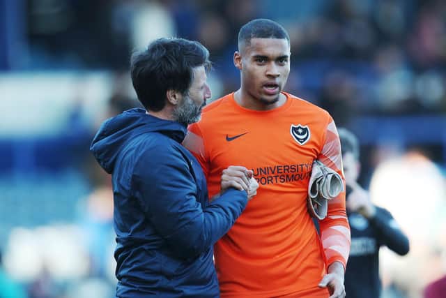 Danny Cowley congratulates Gavin Bazunu for his man-of-the-match performance against Wycombe
