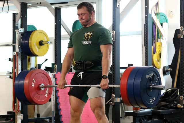 With recreational gyms remaining closed, the only people in the country who can use equipment indoors are elite sportsmen and women such as Alex Waller of Northampton Saints RFC. Photo by David Rogers/Getty Images.
