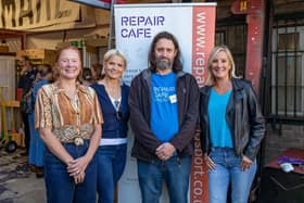 Anniversary day at the Repair cafe. Pictured: Councillor Zoe Huggins, Councillor Lesley Meenaghan, David Marks (Repair Cafe Coordinator) and Caroline Dinenage MP. Picture: Mike Cooter (081022)
