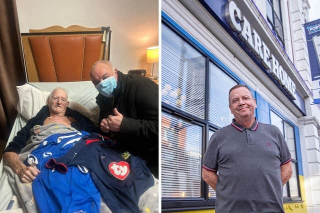 Bluewater care home have appealed to Pompey fans to 'transform' the room of their patient Wally. Pictured is Wally with two shirts alongside donor Lance. Picture: Bluewater care home/Habibur Rahman