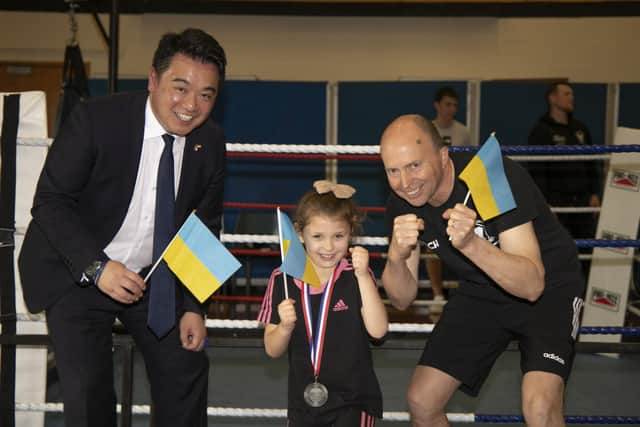 Myah-Jane Duty with Alan Mak MP and Heart of Hayling Boxing Academy coach Ian