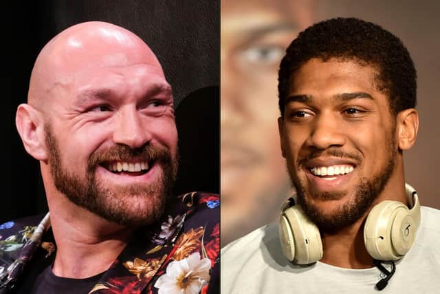 Tyson Fury, left, could fight Anthony Joshua in 2021. Photos by RINGO CHIU and FAYEZ NURELDINE / AFP via Getty Images.