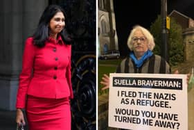 A charity executive has slammed the Home Office for pressuring them to remove a video of Suella Braverman's exchange with Holocaust Survivor Joan Salter. Ms Braverman refused to apologise for using the word 'invasion' when discussing immigration. Picture: Getty/Freedom From Torture.