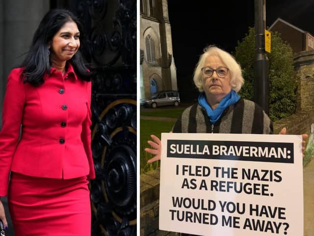 A charity executive has slammed the Home Office for pressuring them to remove a video of Suella Braverman's exchange with Holocaust Survivor Joan Salter. Ms Braverman refused to apologise for using the word 'invasion' when discussing immigration. Picture: Getty/Freedom From Torture.
