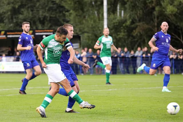 Rob Evans fires wide of the far post for Moneyfields. Picture: Chris Moorhouse (jpns 180821-24)