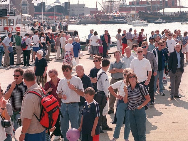 A long queue waits to board HMS Invincible at the International Festival of the Sea. Picture: Ian Hargreaves. The News 4480-3