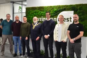Lord Mayor of Portsmouth Hugh Mason officially opened the extended offices of Carrington West in Lakeside. Pictured with, left to right, Gavin Hills (Finance Director), Alex Kerr (Director), Nick Rowe (Director),  James Fernandes (Managing Director), Simon Gardiner (Director) and Blayne Cahill (Director) Picture: Stephen Pannell