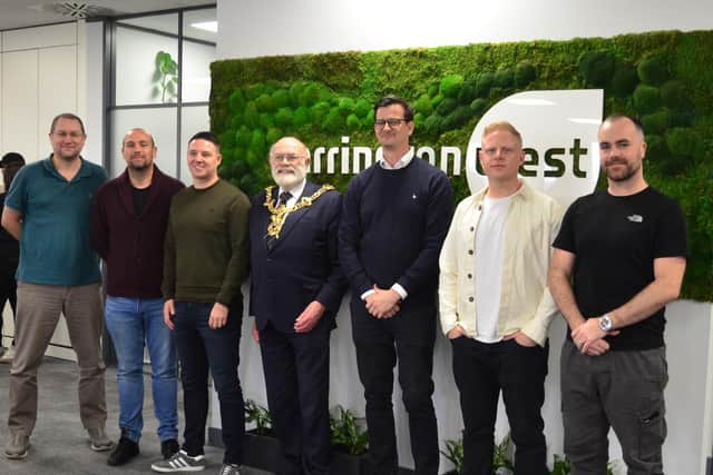 Lord Mayor of Portsmouth Hugh Mason officially opened the extended offices of Carrington West in Lakeside. Pictured with, left to right, Gavin Hills (Finance Director), Alex Kerr (Director), Nick Rowe (Director), James Fernandes (Managing Director), Simon Gardiner (Director) and Blayne Cahill (Director) Picture: Stephen Pannell