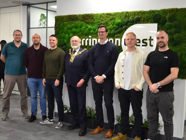 Lord Mayor of Portsmouth Hugh Mason officially opened the extended offices of Carrington West in Lakeside. Pictured with, left to right, Gavin Hills (Finance Director), Alex Kerr (Director), Nick Rowe (Director),  James Fernandes (Managing Director), Simon Gardiner (Director) and Blayne Cahill (Director) Picture: Stephen Pannell