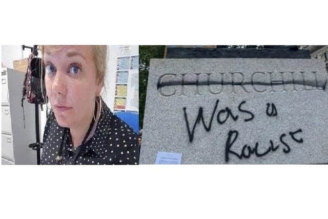Councillor Claire Udy, pictured left, next to the image of the defaced Winston Churchill statue she shared online - which has since prompting an online petition against her.