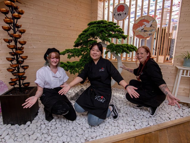 Kumo officially opened on Sunday, July 2 – following a “soft launch” in June - and is situated at 10 West Street, Fareham - formerly the site of Ask Italian restaurant. It is owned and operated by Tao Peng and his wife Mao Mao.
Pictured: Staff of Kumo, Manager Mao Mao with waitresses, Daisy Chapman and Natasha Hirst on Wednesday 12th July 2023.

Picture: Habibur Rahman