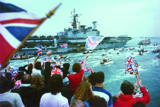 HMS Hermes pictured sailing back into Portsmouth after helping to liberate the Falkland Islands
