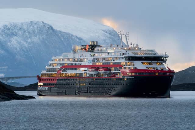 The second of Hurtigruten's new hybrid powered expedition ships MS Fridtjof Nansen leaving Ulsteinvik at Kleven Yard Picture: Shutterstock