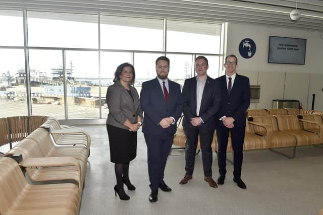 The new Levelling Up Minister Jacob Young visited Portsmouth International Port this Friday, October 20, to see the new extension funded by the Government’s Levelling Up Fund of £11.25m.

Pictured is: (l-r) Natalie Brahma-Pearl, Portsmouth City Council chief executive, Minister for Levelling Up Jacob Young, Andrew Williamson, head of cruise and ferry for Portsmouth International Port and James Evans, head of operations for Portsmouth International Port. 

Picture: Sarah Standing