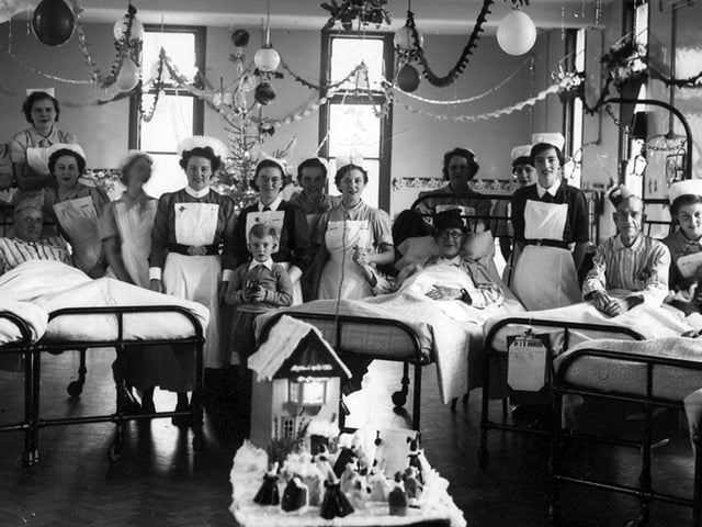 Gosport men's ward Christmas 1953. The men's ward at Gosport memorial Hospital